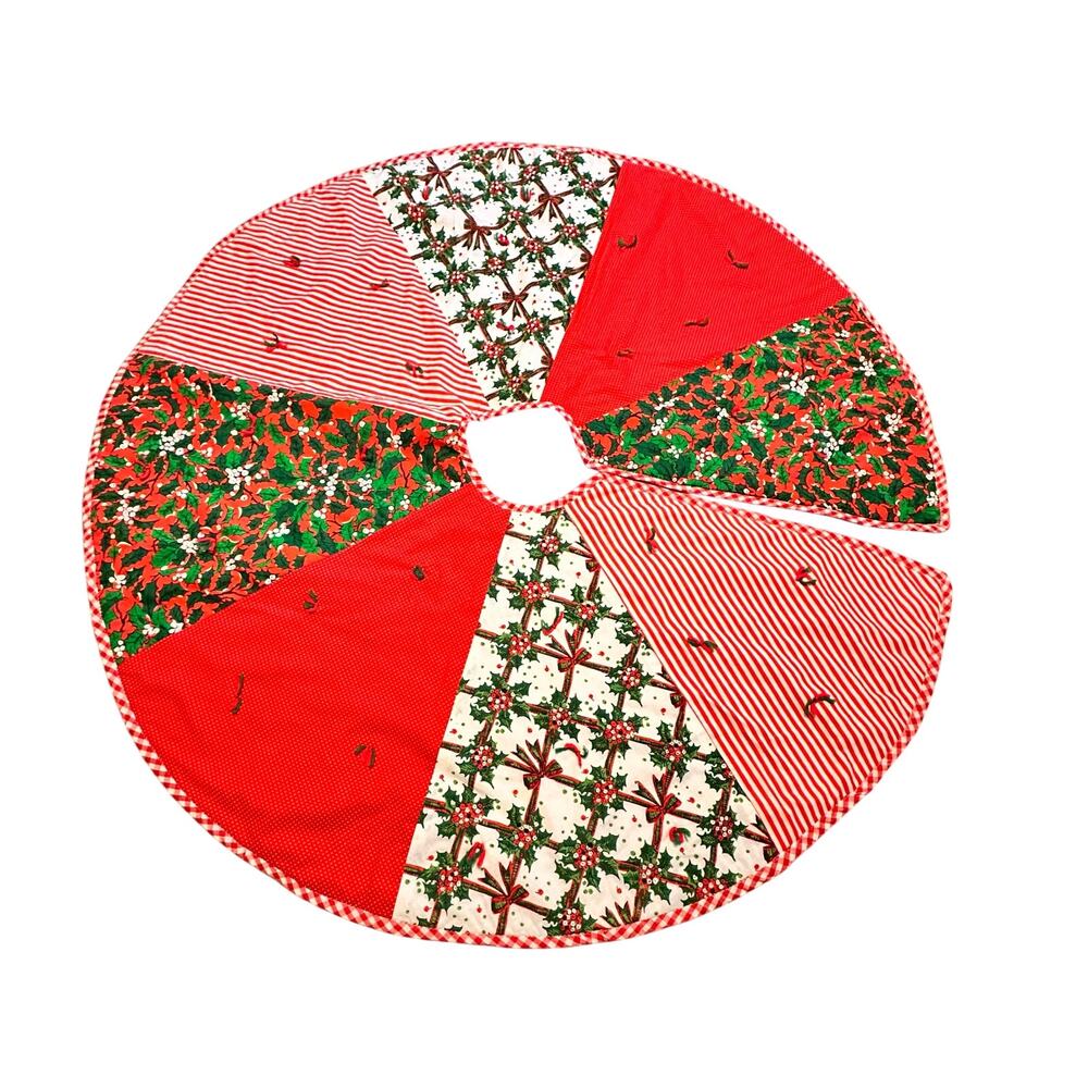 Vintage Christmas Tree Skirt Handmade Patchwork Double Sided 1970s